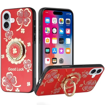 For iPhone 16 Plus 6.7 inch SPLENDID Diamond Glitter Ornaments Engraving Case Cover - Good Luck Floral Red