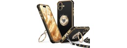 For iPhone 16 Plus 6.7 inch Splendid Glitter with Diamonds All Around Edges Ring Stand Case Cover - Black