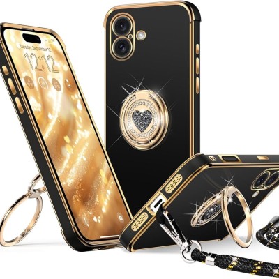 For iPhone 16 Plus 6.7 inch Splendid Glitter with Diamonds All Around Edges Ring Stand Case Cover - Black