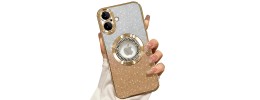 For iPhone 16 Plus 6.7 inch Splendid Glitter with Diamonds All Around Edges Ring Stand Case Cover - Gold