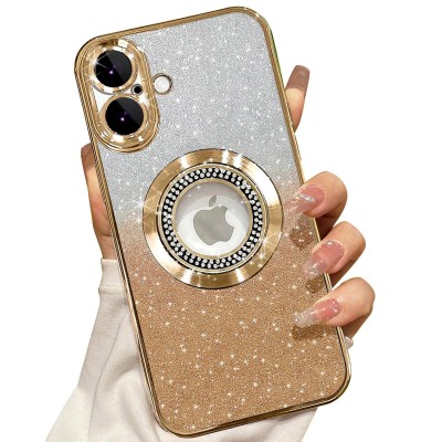 For iPhone 16 Plus 6.7 inch Splendid Glitter with Diamonds All Around Edges Ring Stand Case Cover - Gold