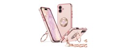 For iPhone 16 Plus 6.7 inch Splendid Glitter with Diamonds All Around Edges Ring Stand Case Cover - Pink