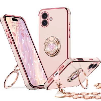 For iPhone 16 Plus 6.7 inch Splendid Glitter with Diamonds All Around Edges Ring Stand Case Cover - Pink