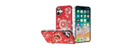 For iPhone 16 Plus 6.7 inch Splendid Glitter with Diamonds All Around Edges Ring Stand Case Cover - Red