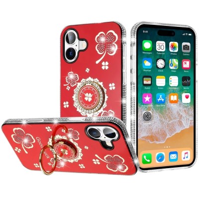 For iPhone 16 Plus 6.7 inch Splendid Glitter with Diamonds All Around Edges Ring Stand Case Cover - Red
