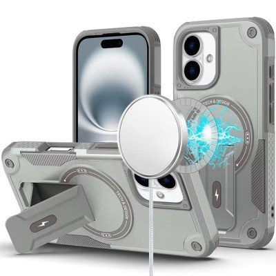 For iPhone 16 Plus 6.7 inch Sturdy Bracket Kickstand Magnetic Hybrid - Grey
