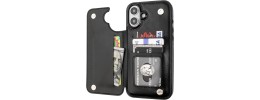 For iPhone 16 Plus 6.7 inch Wallet Premium PU Vegan Leather ID Card Money Holder with Magnetic Closure - Black