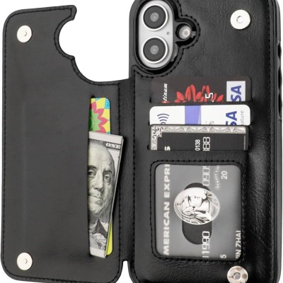 For iPhone 16 Plus 6.7 inch Wallet Premium PU Vegan Leather ID Card Money Holder with Magnetic Closure - Black