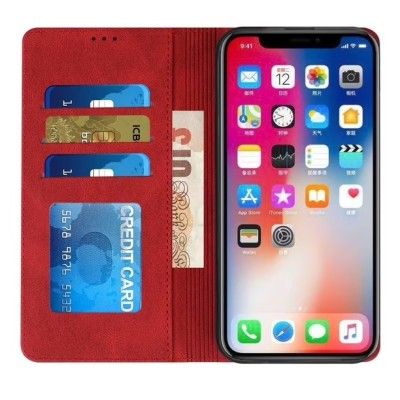 For iPhone 16 Plus 6.7 inch Wallet Premium PU Vegan Leather ID Card Money Holder with Magnetic Closure - Red
