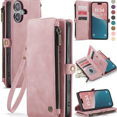 For iPhone 16 Plus 6.7 inch Wallet Premium PU Vegan Leather ID Card Money Holder with Magnetic Closure - Rose Gold