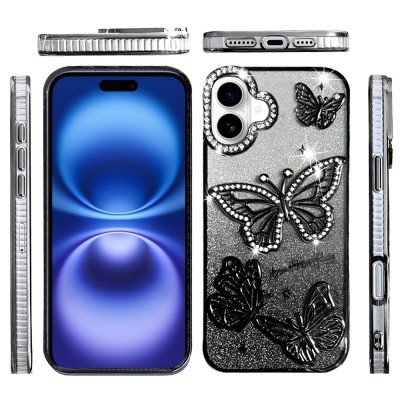 For iPhone 16 Pro 6.3 inch Butterfly Freedom Shimmer Glitter Thick TPU Case Cover - Black
