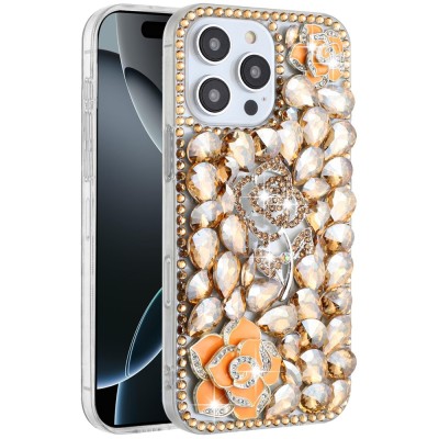 For iPhone 16 Pro 6.3 inch Floral Full Diamond Bling Case Cover - Gold