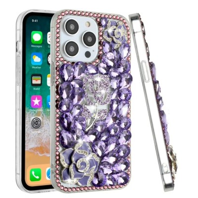For iPhone 16 Pro 6.3 inch Floral Full Diamond Bling Case Cover - Purple