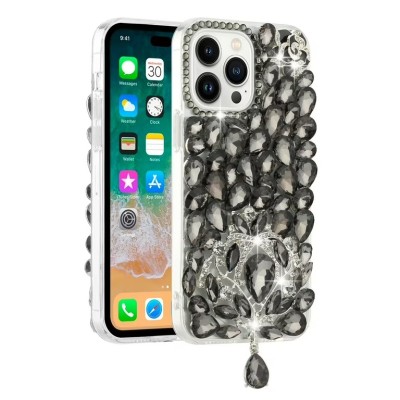 For iPhone 16 Pro 6.3 inch Floral Full Diamond Bling Case Cover - Smoke