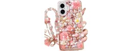 For iPhone 16 Pro 6.3 inch Floral Joy Glitter Shimmer Leather Feel Thick TPU Case - Light Blue/Light Pink