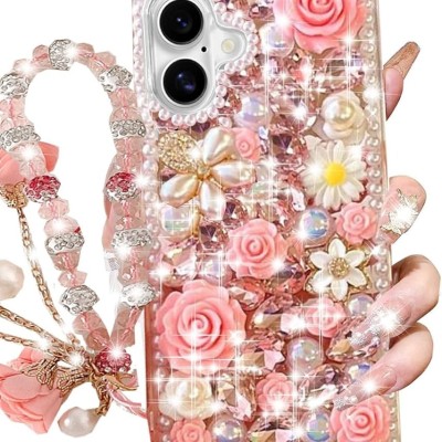 For iPhone 16 Pro 6.3 inch Floral Joy Glitter Shimmer Leather Feel Thick TPU Case - Light Blue/Light Pink