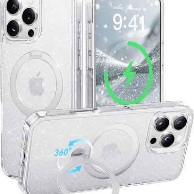 For  iPhone 16 Pro 6.3 inch Glitz HQ Shimmer Glitter [Magnetic Ring Circle] with 360 degree Rotational Ring Kickstand Tough Hybrid Case - Black