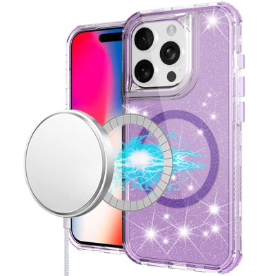 For  iPhone 16 Pro 6.3 inch Glitz HQ Shimmer Glitter [Magnetic Ring Circle] with 360 degree Rotational Ring Kickstand Tough Hybrid Case - Purple
