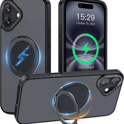 For iPhone 16 Pro 6.3 inch Hoop Kickstand [Magnetic Circle] HD Transparent Chrome Hybrid - Black