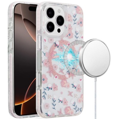 For iPhone 16 Pro 6.3 inch Magnetic Double Layer IMD Design Case - Pink Holographic