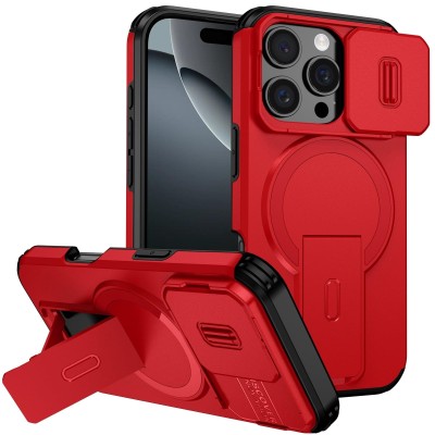 For iPhone 16 Pro 6.3 inch Magnetic Heavy Duty Hybrid Case with Side Kick-Stand - Red