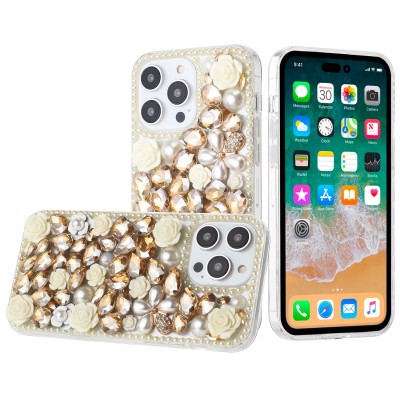 For iPhone 16 Pro 6.3 inch Rose Flower Full Diamond Bling Stones - Yellow