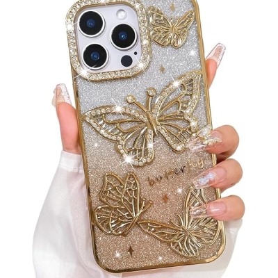 For iPhone 16 Pro 6.3 inch SPLENDID Diamond Glitter Ornaments Engraving Case Cover - Enchanted Butterfly Gold