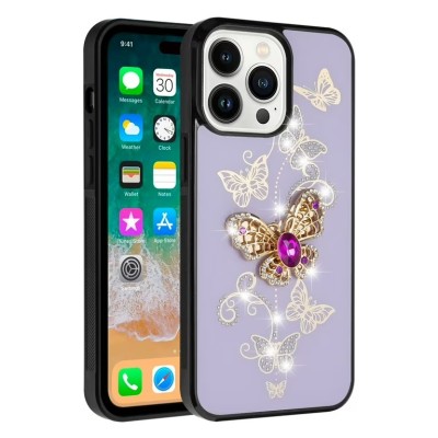 For iPhone 16 Pro 6.3 inch SPLENDID Diamond Glitter Ornaments Engraving Case Cover - Enchanted Butterfly Purple