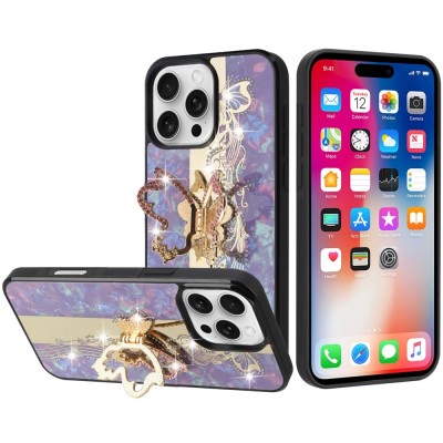 For iPhone 16 Pro 6.3 inch SPLENDID Diamond Glitter Ornaments Engraving Case Cover - Garden Butterflies Purple