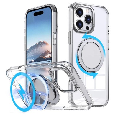 For iPhone 16 Pro 6.3 inch Shield Magnetic Ring Transparent HQ 360 Degree Rotational Shockproof Case Cover - Clear