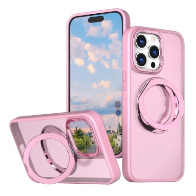 For iPhone 16 Pro 6.3 inch Shield Magnetic Ring Transparent HQ 360 Degree Rotational Shockproof Case Cover - Pink