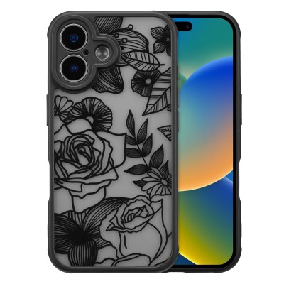 For iPhone 16 Pro 6.3 inch Shimmer Glitter Floral Design Thick TPU Case Cover - Black