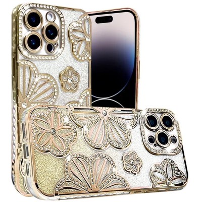 For iPhone 16 Pro 6.3 inch Shimmer Glitter Floral Design Thick TPU Case Cover - Gold
