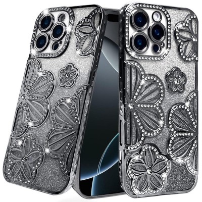 For iPhone 16 Pro 6.3 inch Shimmer Glitter Floral Design Thick TPU Case Cover - Silver