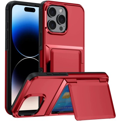 For iPhone 16 Pro 6.3 inch Wallet ID Card Holder Case Cover - Red