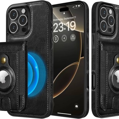 For iPhone 16 Pro 6.3 inch Wallet Premium PU Vegan Leather ID Card Money Holder with Magnetic Closure - Black