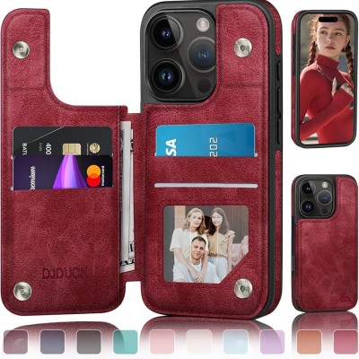 For iPhone 16 Pro 6.3 inch Wallet Premium PU Vegan Leather ID Card Money Holder with Magnetic Closure - Red