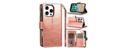 For iPhone 16 Pro 6.3 inch Wallet Premium PU Vegan Leather ID Card Money Holder with Magnetic Closure - Rose Gold