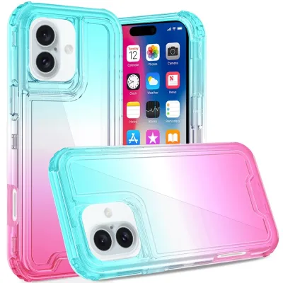 For iPhone 16 Pro Max 6.9 inch 3in1 Two Tone Shockproof Transparent Hybrid Case - Light Blue + Pink