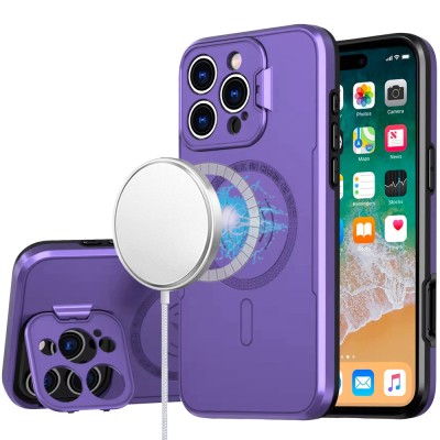 For iPhone 16 Pro Max 6.9 inch Magnetic Ring Circle Camera Cap KickStand Hybrid UV Paint Matte Finish Case - Purple