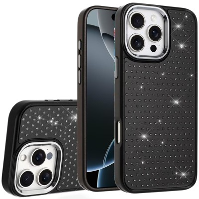 For iPhone 16 Pro Max 6.9 Beautiful Diamond Metallic Design Metal  Chrome Edged Hybrid - Black