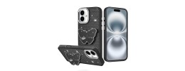 For iPhone 16 Pro Max 6.9 Butterfly Moveable Grip Stand With Small  Diamonds Meta Buttons HQ Hybrid - Black
