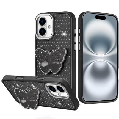 For iPhone 16 Pro Max 6.9 Butterfly Moveable Grip Stand With Small  Diamonds Meta Buttons HQ Hybrid - Black