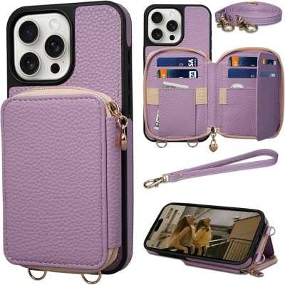 For iPhone 16 Pro Max 6.9 Card Holder (2X) with Wrist Strap Hybrid  With KickStand - Beige+Light Purple