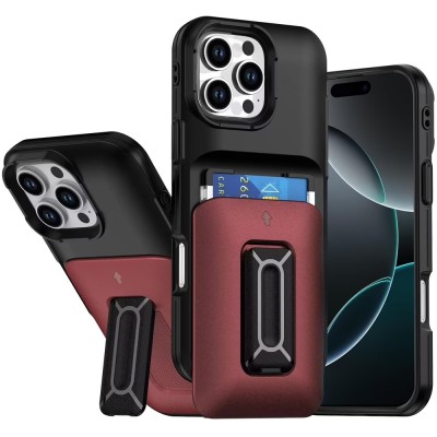 For iPhone 16 Pro Max 6.9 Card Holder (2X) with Wrist Strap Hybrid  With KickStand - Black+Black