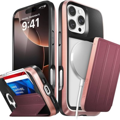 For iPhone 16 Pro Max 6.9 Card Holder (2X) with Wrist Strap Hybrid  With KickStand - Black+Red