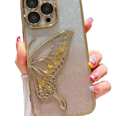 For iPhone 16 Pro Max 6.9 Splendid Glitter Butterfly Design Stand with Metallic Edges Hybrid Case - Rose Gold