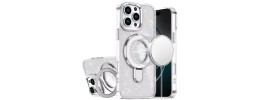 For iPhone 16 Pro Max 6.9 Transparent Glitter Rotaional Magnetic Ring Stand HQ Hybrid - Clear