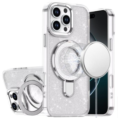 For iPhone 16 Pro Max 6.9 Transparent Glitter Rotaional Magnetic Ring Stand HQ Hybrid - Clear