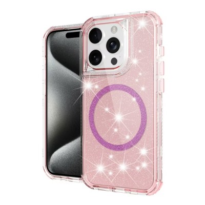 For iPhone 16 Pro Max 6.9 Transparent Glitter Rotaional Magnetic Ring Stand HQ Hybrid - Light Pink